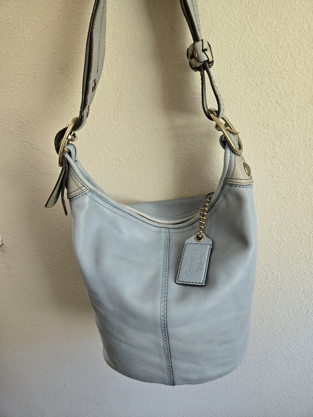 Coach 11422 Bleecker Tattersall Hobo Bag Duffle Purse Blue Leather Bleeker